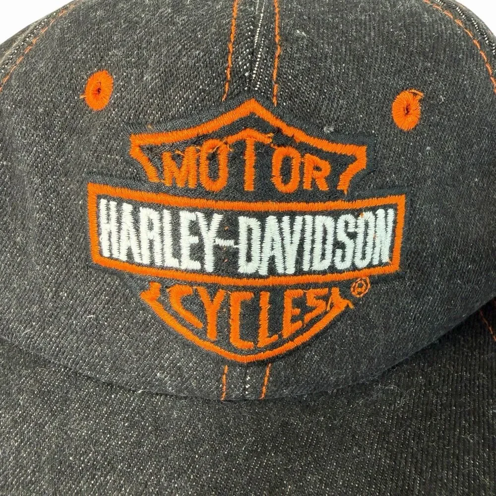 Harley Davidson Bar & Shield Snapback Vtg Denim Jean Hat Cap Black Orange Youth